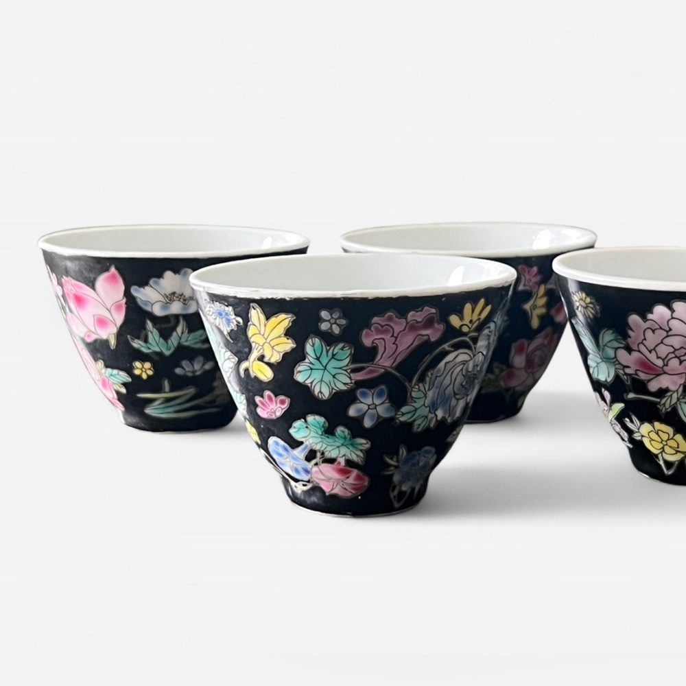 (4) VINTAGE Jingdezhen Chinese Famille Noire Tea Cups - Picture 3 of 8